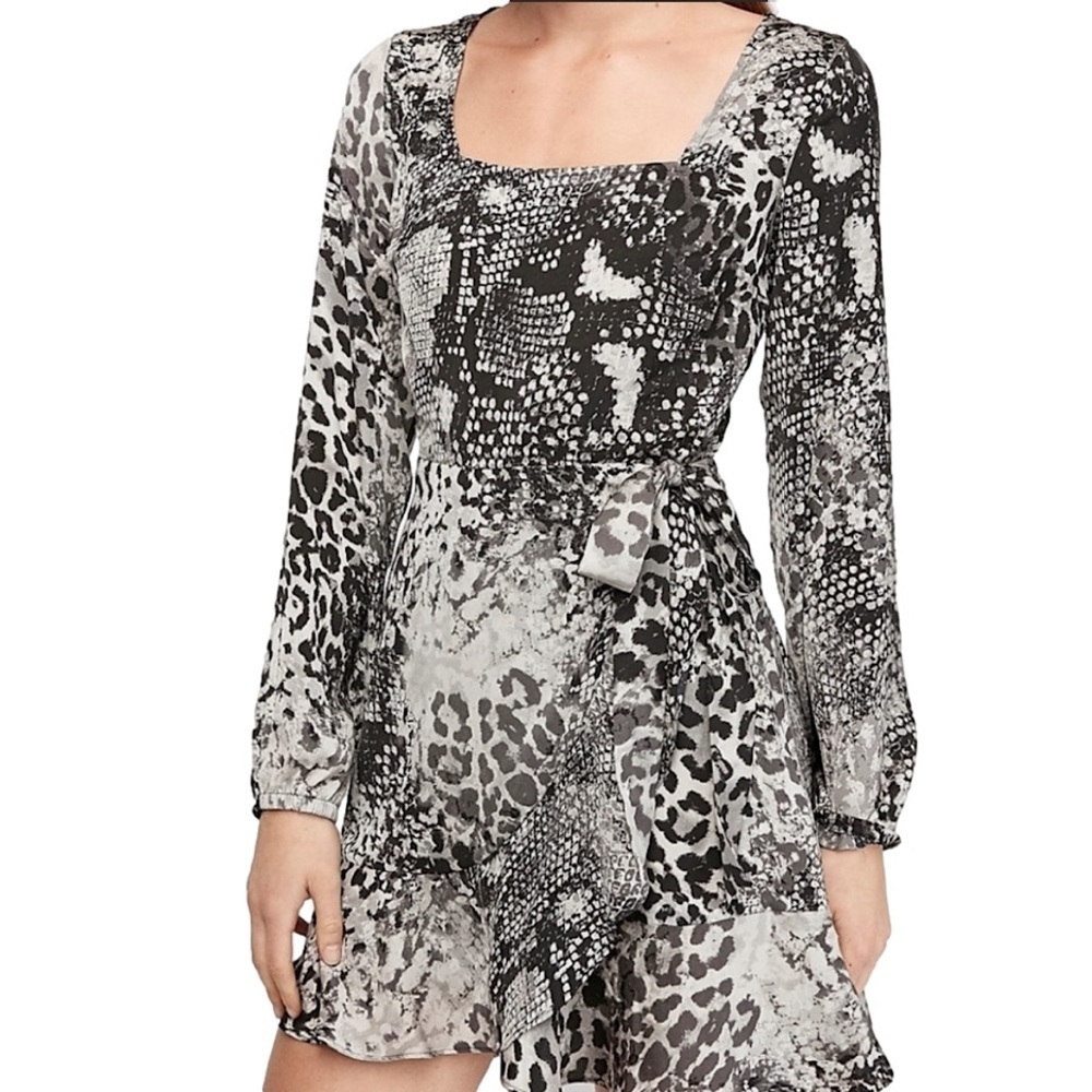 Express Snakeskin Satin Square Neck Ruffle Dress, S